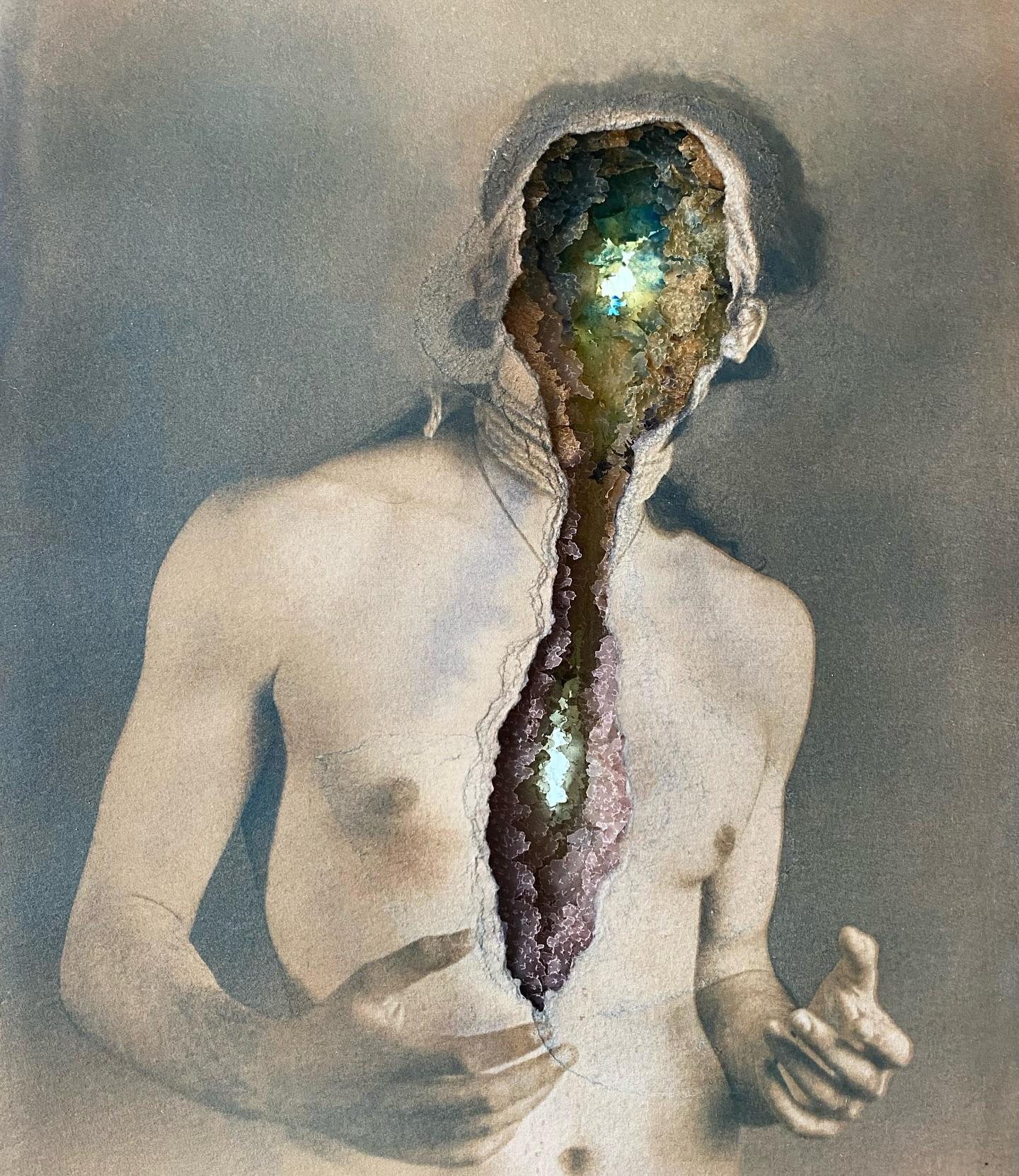 Mixed-media portrait with a crystalline opening